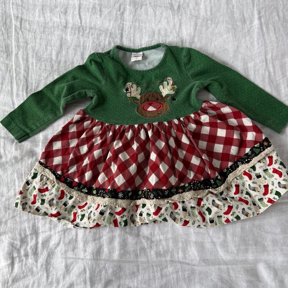 Ricrac & Ruffles Holiday Cheer Dress Gingham Reindeer Rudolph 
Size 2T